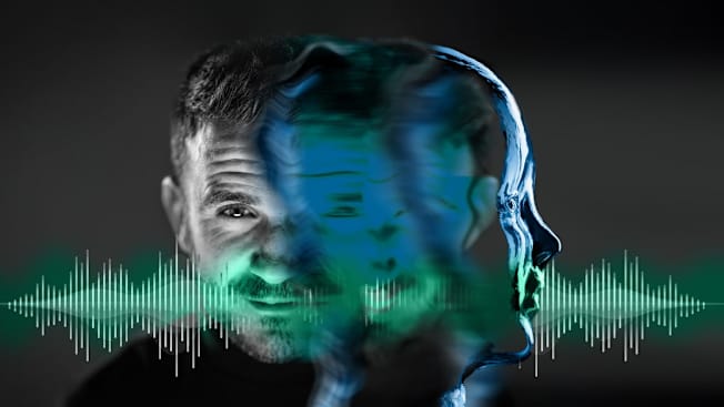 Black-and-white portrait of a man on the left, transitioning into a distorted, blue-tinted, abstract humanoid face on the right, with soundwave graphics
